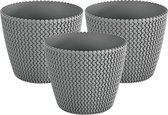 Set de 3x cache-pots/pots de fleurs en plastique dia 13 cm et hauteur 11 cm en gris pierre pour intérieur/extérieur