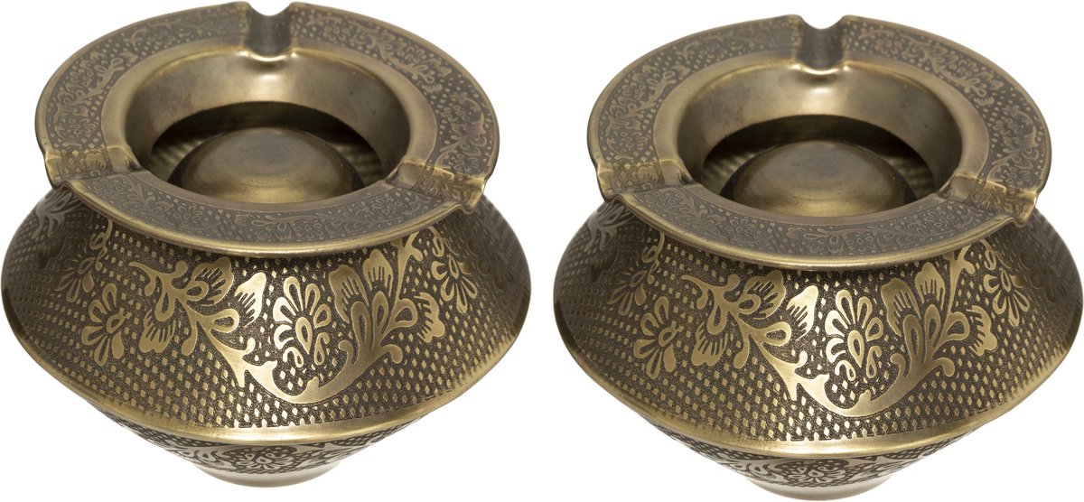 Goedkoopste Atmosphera Terras asbak/stormasbak Arabica - Set van 2x stuks - rond - ijzer - 12 x 8 cm - oud goud - Buiten asbakken
