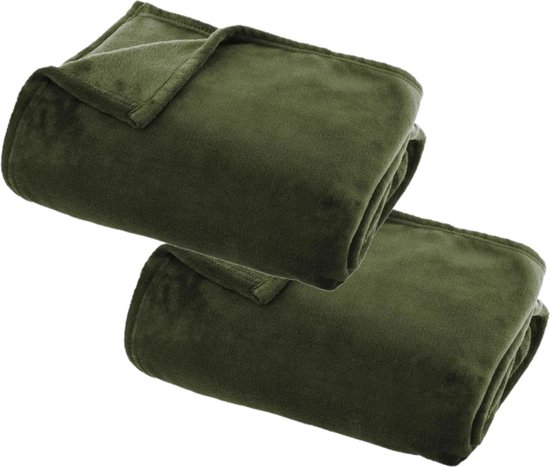 Foto: 2x stuks fleece deken fleeceplaid olijf groen 125 x 150 cm polyester bankdeken fleece deken fleece plaid