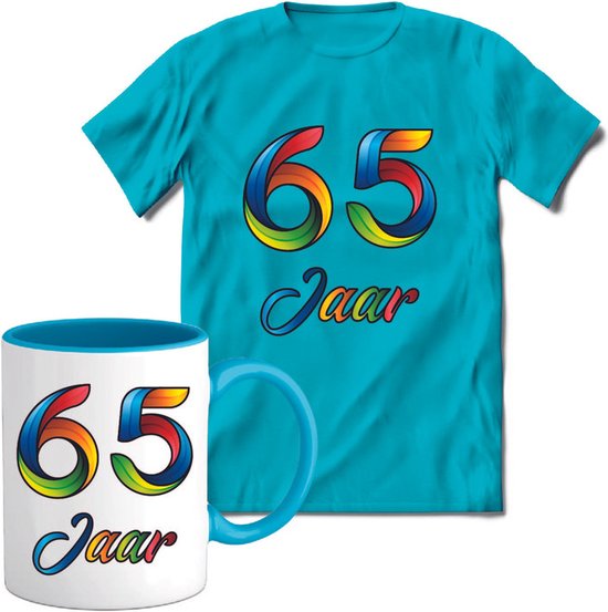 65 Jaar Vrolijke Verjaadag T-shirt met mok giftset Blauw | Verjaardag cadeau pakket set | Grappig feest shirt Heren – Dames – Unisex kleding | Koffie en thee mok | Maat 3XL