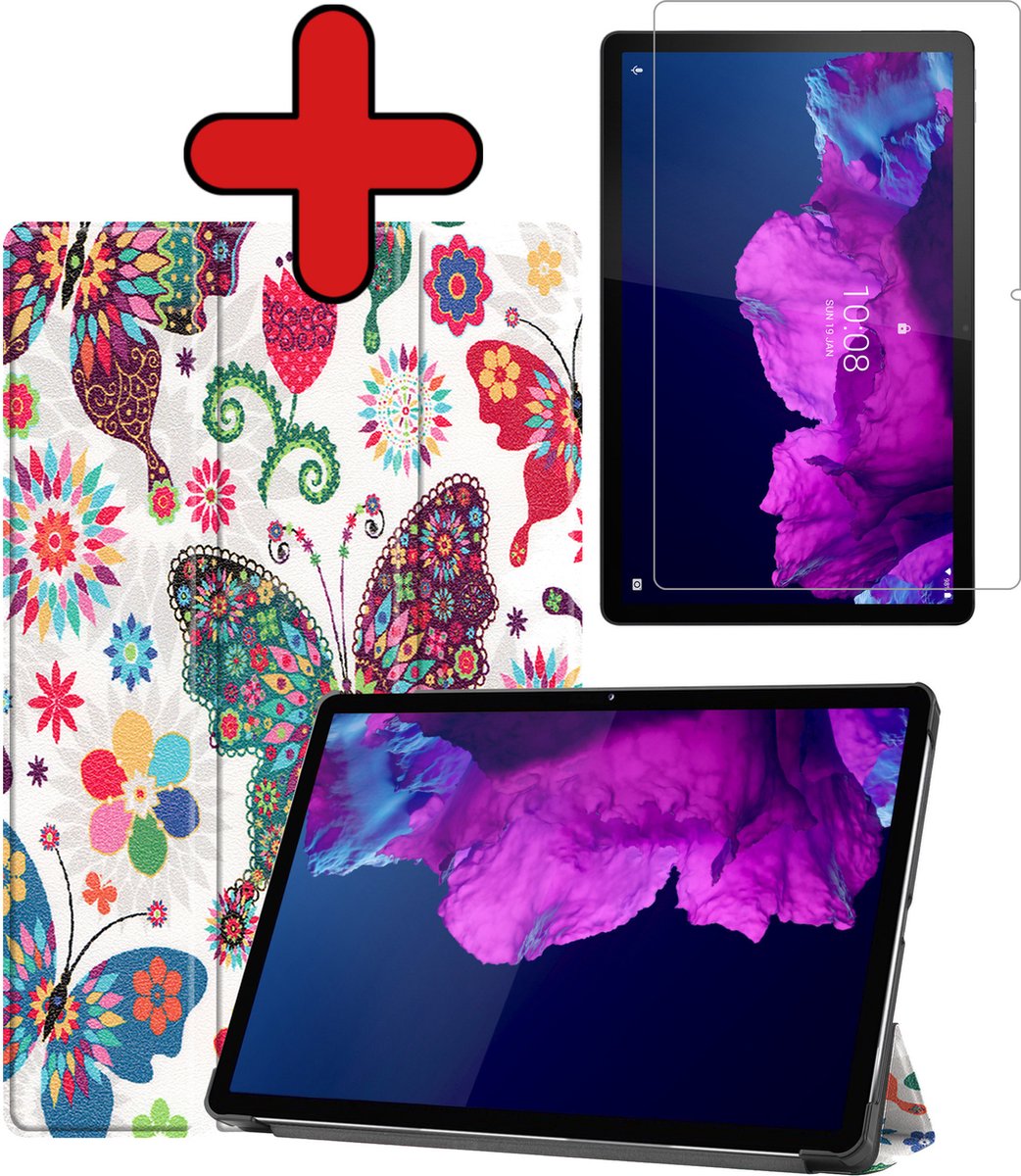 Hoesje - Geschikt voor Lenovo Tab P11 - Met Screenprotector - Hardcover Book Case - Trifold Bookcase Hoes - Hard Cover - Tablethoes - Vlinders