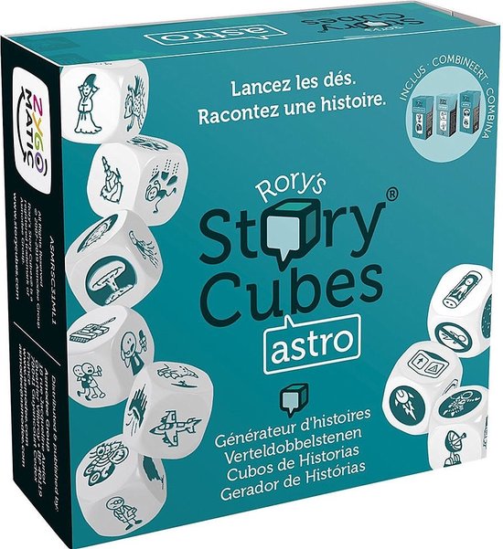 Rory's Story Cubes 'Astro' spel met doos en dobbelstenen met afbeeldingen zoals een raket en astronaut.