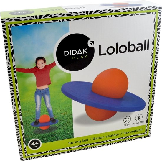 Doos: meisje op springbal, productafbeelding springbal, 4+ leeftijd, 38cm.