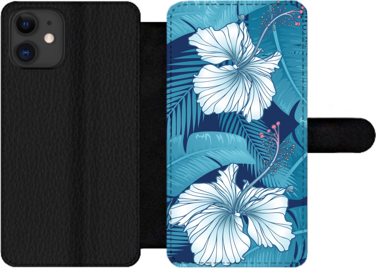 Telefoonhoesje Geschikt voor iPhone 12 Pro Max telefoonhoesje - Tropisch - Bloemen - Blauw - Met vakjes - Wallet case met magneetsluiting
