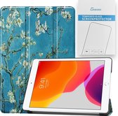 Case2go - Tablet hoes & Screenprotector geschikt voor iPad 2021 / 2020 / 2019 - 10.2 Inch - Auto Wake/Sleep functie - Witte Bloesem