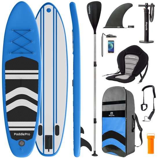 LifeGoods SUP Board - met Zitje - Opblaasbaar Paddle Board - Complete Set - Max. 135KG - 320x81cm - Blauw
