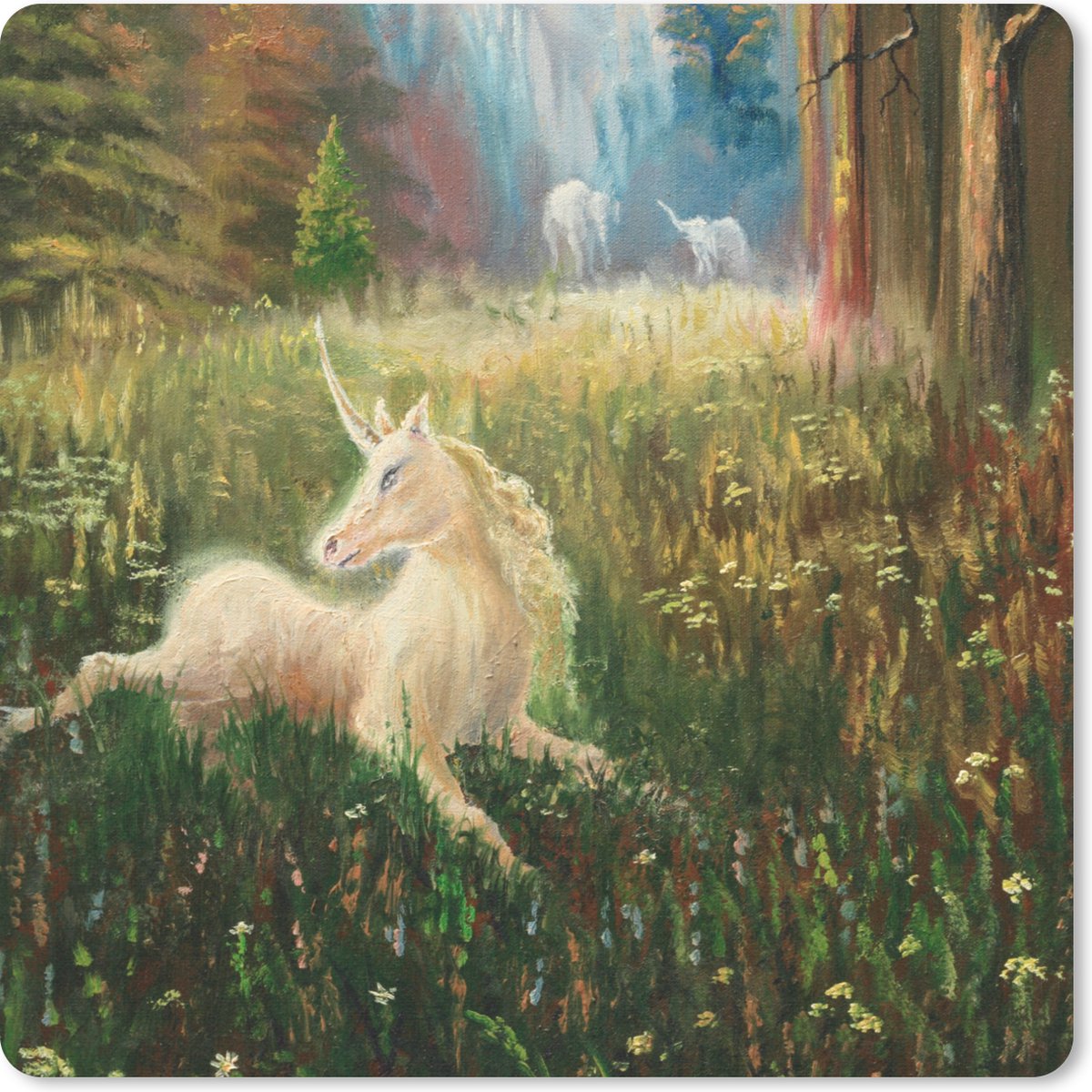 Muismat 20x20 cm - Mousepad Een illustratie van een eenhoorn in een bos - Meisjes - Kinderen - Kids - Muismatten