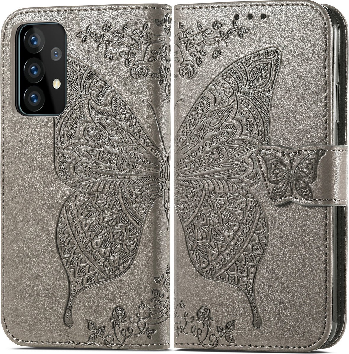 Bookcase geschikt voor Samsung Galaxy A52 - Grijs - Vlinder - Portemonnee Hoesje
