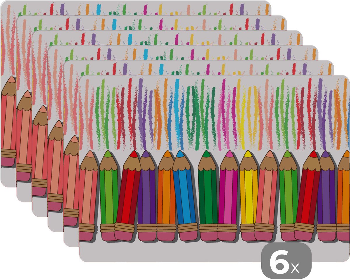 Placemat - Placemats kunststof - Kleurpotlood - Patronen - Regenboog - 45x30 cm - 6 stuks - Hittebestendig - Anti-Slip - Onderlegger - Afneembaar