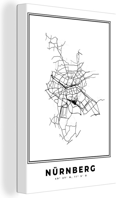 Canvas Schilderij Stadskaart – Zwart Wit - Kaart – Nürnberg – Duitsland – Plattegrond - 60x90 cm - Wanddecoratie