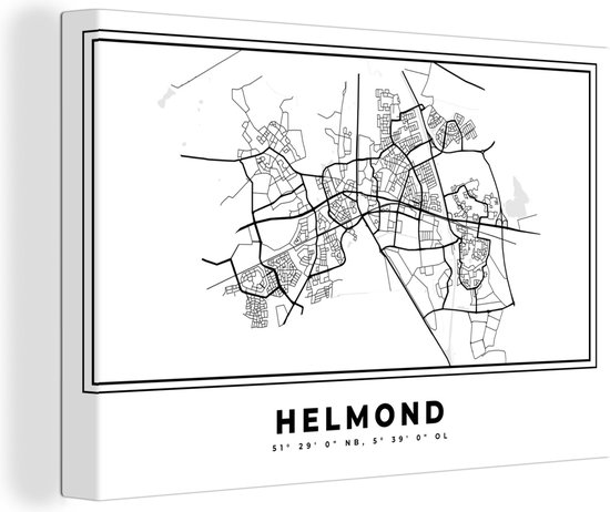 Canvas Schilderij Stadskaart – Zwart Wit - Kaart – Helmond – Nederland – Plattegrond - 90x60 cm - Wanddecoratie