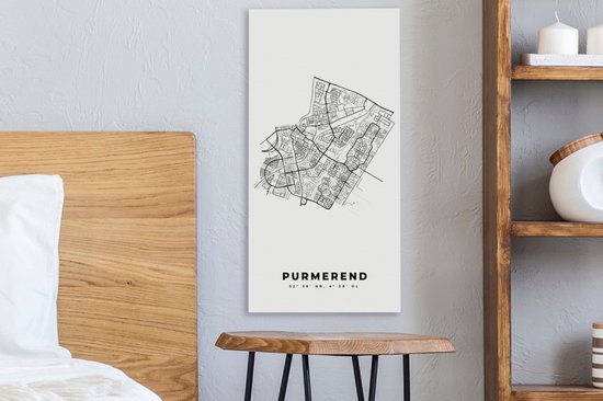 Canvas Schilderij Plattegrond – Purmerend – Zwart Wit – Stadskaart - Kaart - Nederland - 20x40 cm - Wanddecoratie