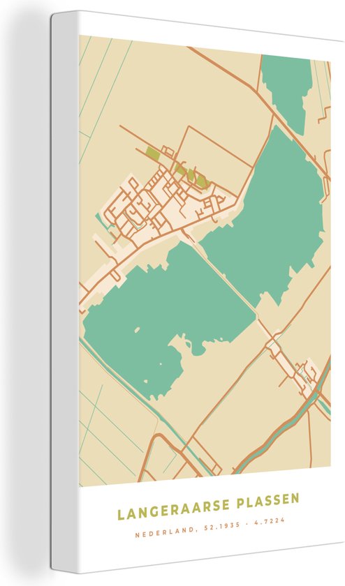 Canvas Schilderij Vintage - Langeraarse Plassen - Stadskaart - Kaart - Plattegrond - 20x30 cm - Wanddecoratie