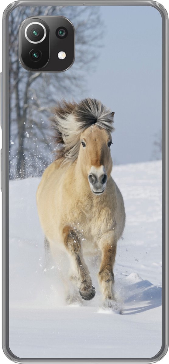 Geschikt voor Xiaomi Mi 11 Lite hoesje - Rennend fjord paard in de sneeuw - Siliconen Telefoonhoesje