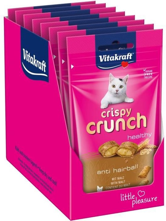 Vitakraft Crispy Crunch, gezonde kattensnack tegen haarballen met mout. Verpakking met witte kat en twee snacks.