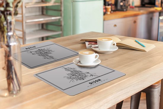 Set de table - Napperons plastique - Dijon - Carte - Wit Zwart - Plan de la ville - Carte - 45x30 cm - 6 pièces - Résistant à la chaleur - Antidérapant - Sous-couche - Amovible