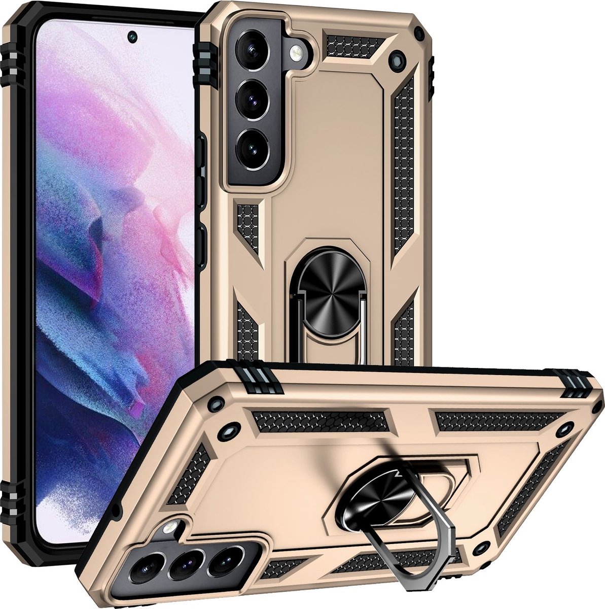 Mobigear Hoesje geschikt voor Samsung Galaxy S22 Telefoonhoesje Hardcase | Mobigear Armor Ring Backcover Shockproof met Ringhouder | Schokbestendig Galaxy S22 Telefoonhoesje | Anti Shock Proof - Goud