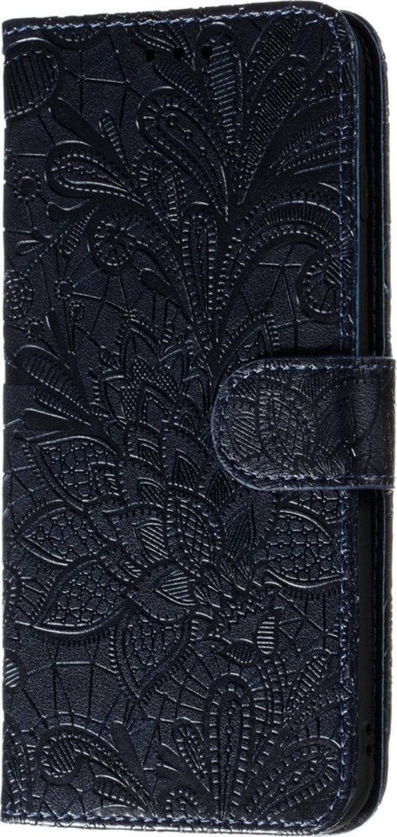 Mobigear Telefoonhoesje geschikt voor Motorola Moto E6s (2020) Hoesje | Mobigear Flowers Bookcase Portemonnee | Pasjeshouder voor 3 Pasjes | Telefoonhoesje voor Pinpas / OV Kaart / Rijbewijs - Donkerblauw