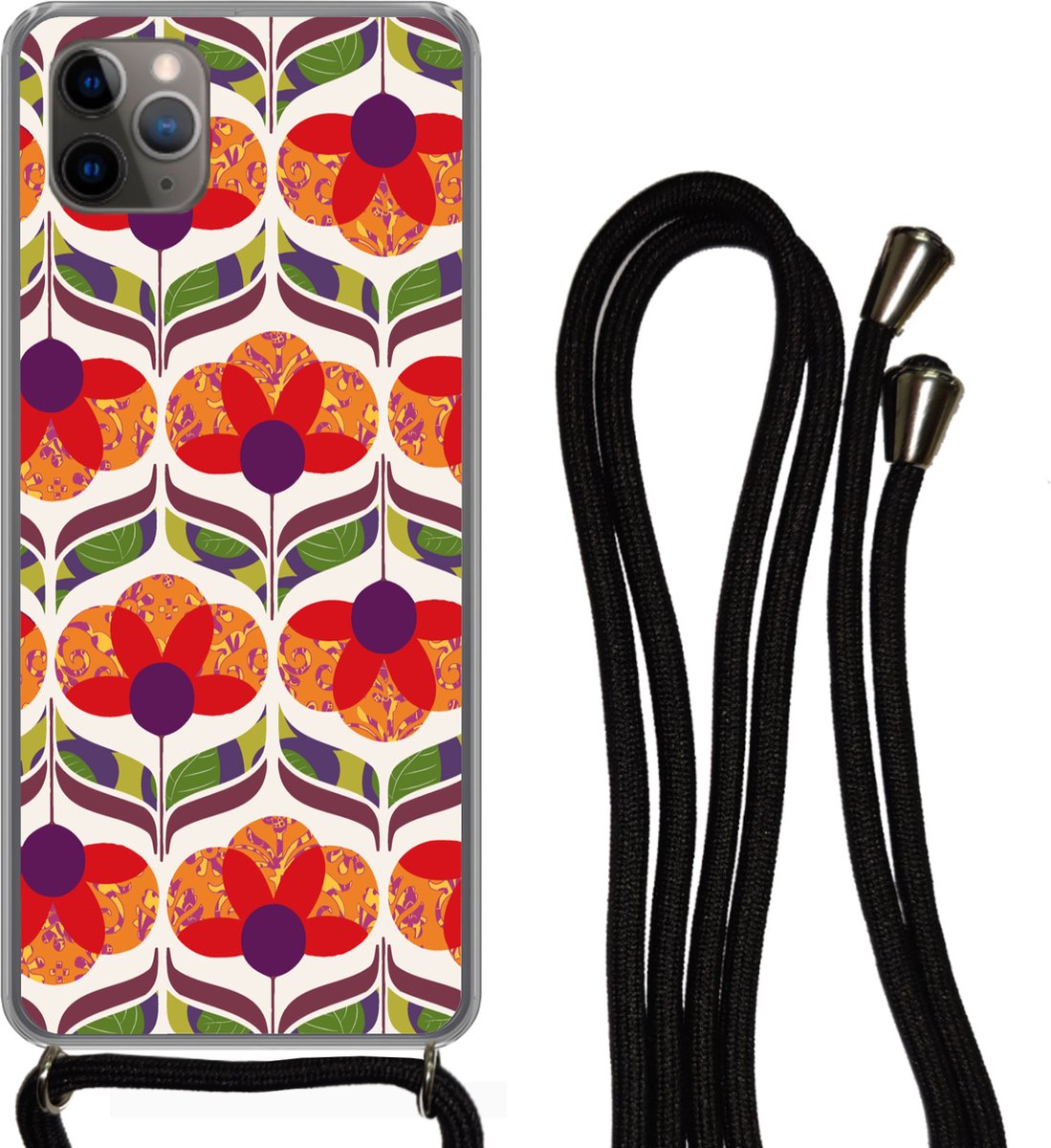 Telefoonhoesje Geschikt voor iPhone 11 Pro - Retro - Flower Power - Vintage - Kleuren - Siliconen - Crossbody - Backcover met Koord - Telefoonhoesje met koord - Hoesje met touw Telefoonhoesje