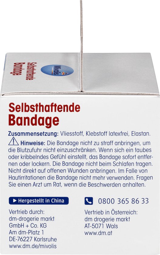 Verpakking van Mivolis zelfklevende bandage met productinformatie en contactgegevens.