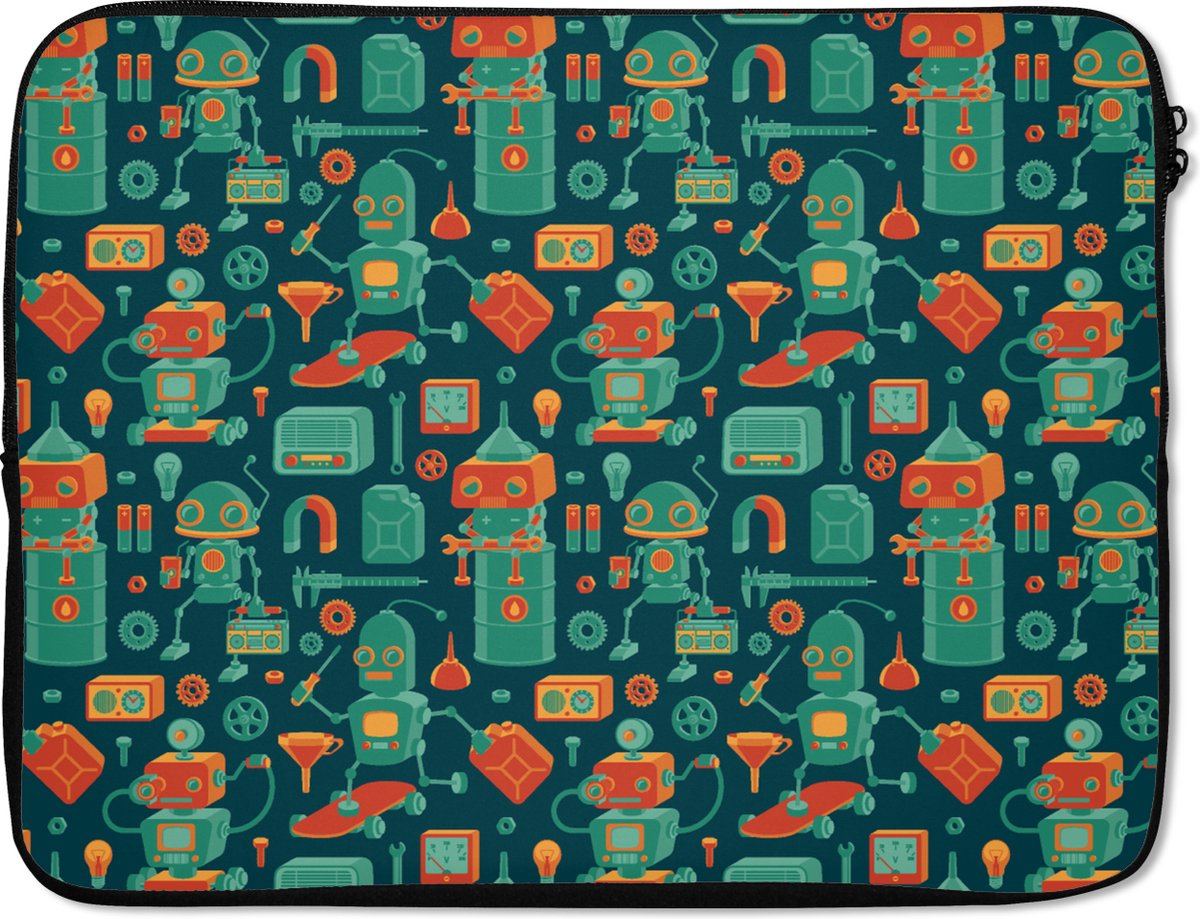 Laptophoes 17 inch - Patroon - Robot - Skateboard - Jongens - Kinderen - Kids - Baby - Laptop sleeve - Binnenmaat 41x28 cm - Zwarte achterkant