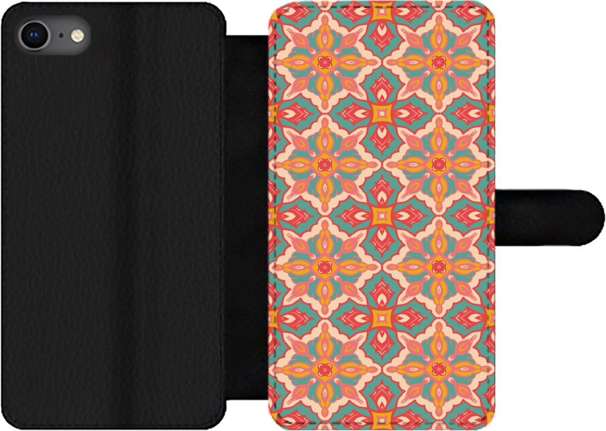 Telefoonhoesje Geschikt voor iPhone 7 telefoonhoesje - Patroon - Hippie - Oranje - Met vakjes - Wallet case met magneetsluiting