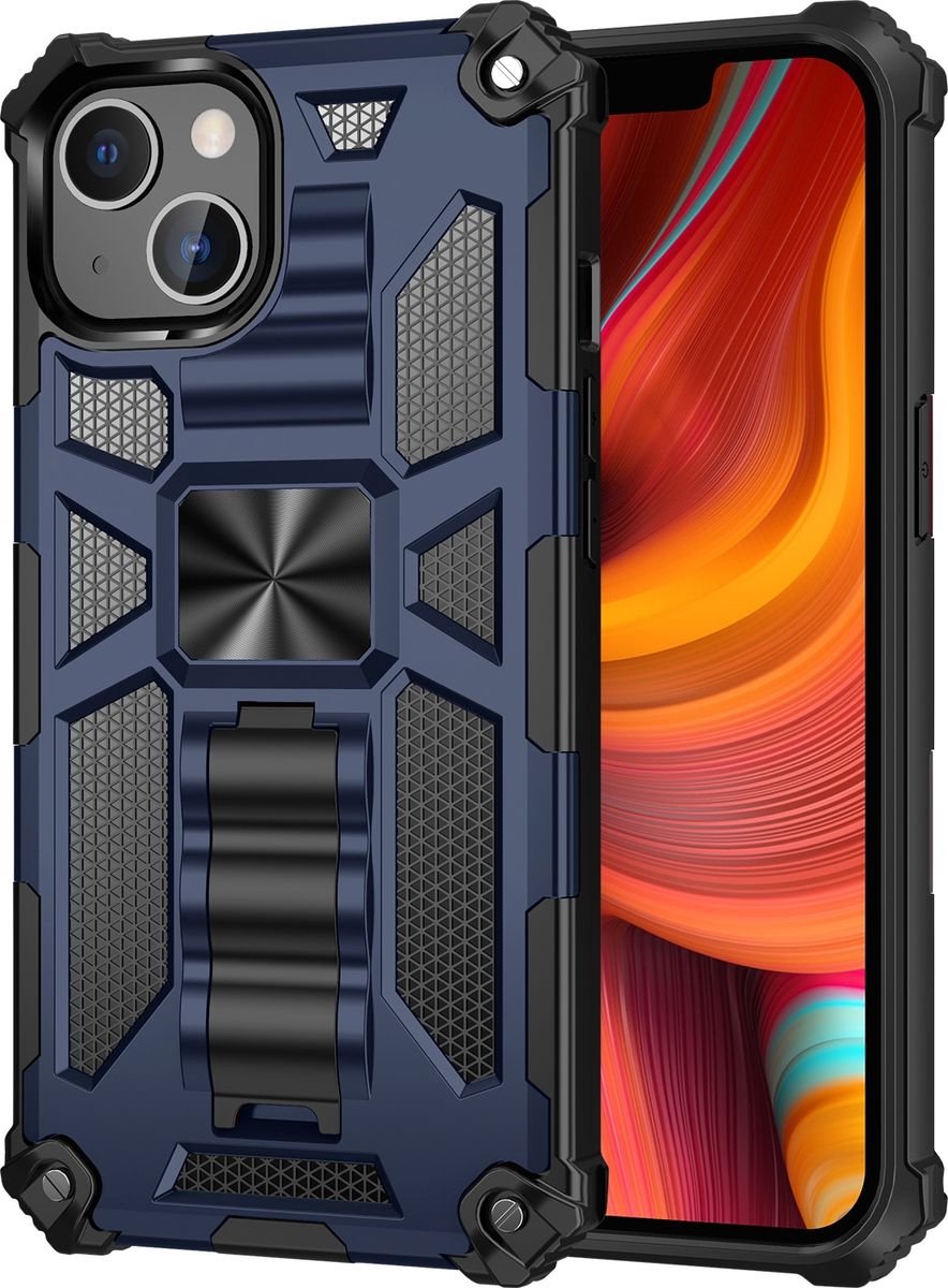 Mobigear Hoesje geschikt voor Apple iPhone 13 Telefoonhoesje Hardcase | Mobigear Armor Stand Backcover Shockproof met Standaard | Schokbestendig iPhone 13 Telefoonhoesje | Anti Shock Proof - Blauw