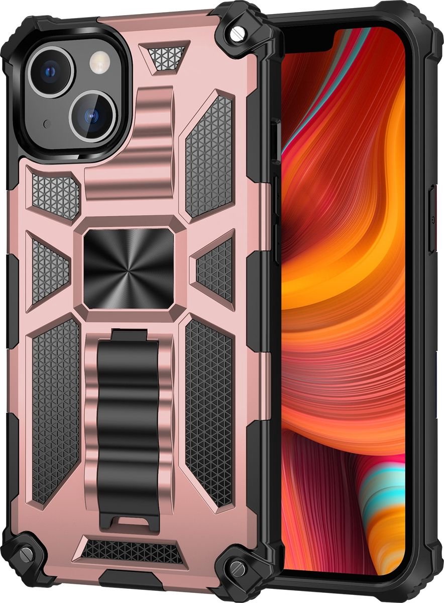 Mobigear Hoesje geschikt voor Apple iPhone 13 Telefoonhoesje Hardcase | Mobigear Armor Stand Backcover Shockproof met Standaard | Schokbestendig iPhone 13 Telefoonhoesje | Anti Shock Proof - Roségoud