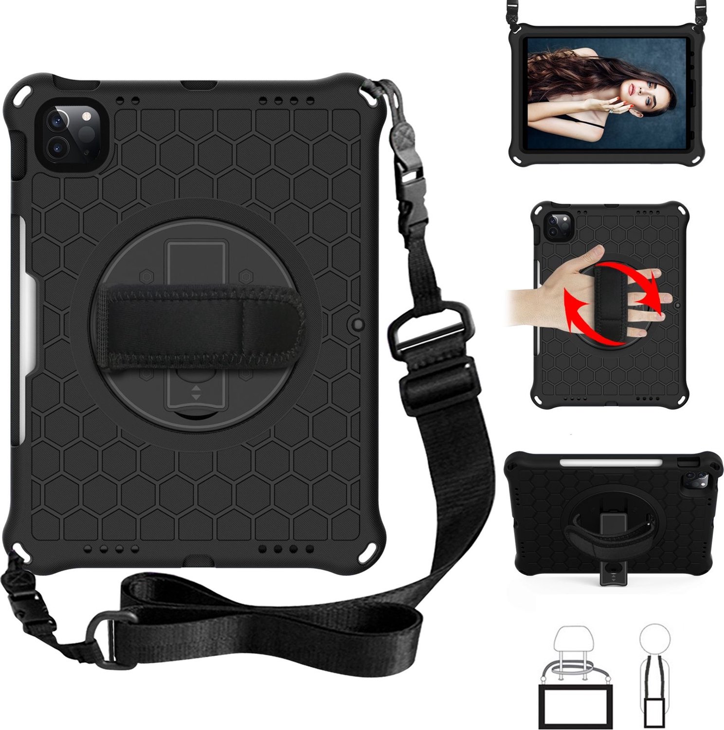 Mobigear SureGrip Hexa Tablethoes geschikt voor Apple iPad Pro 11 (2021) Hardcase Backcover + Stylus Houder + Schouderband + Standaard - Zwart