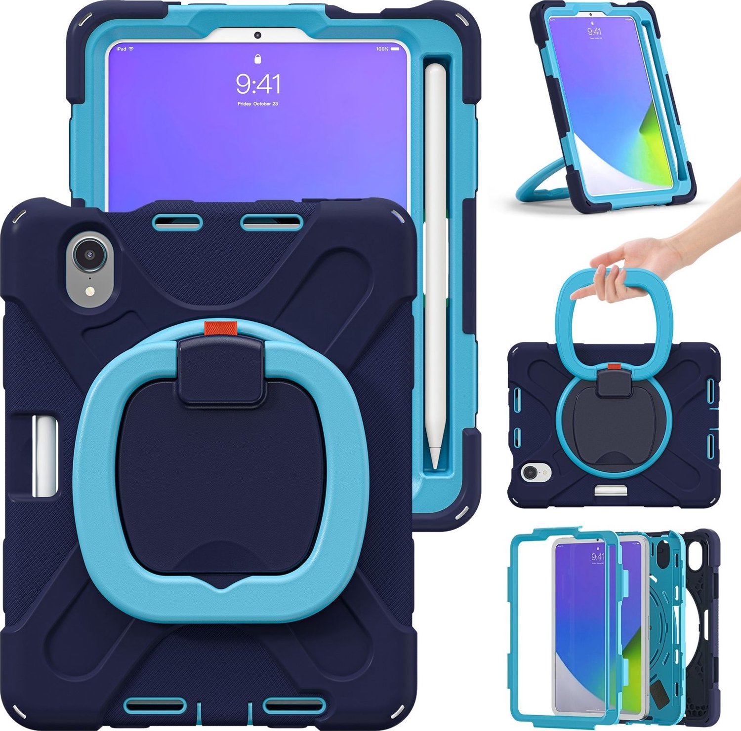 Mobigear RingGuard Tablethoes geschikt voor Apple iPad Mini 6 (2021) Hardcase Backcover + Stylus Houder + Schouderband + Standaard - Blauw