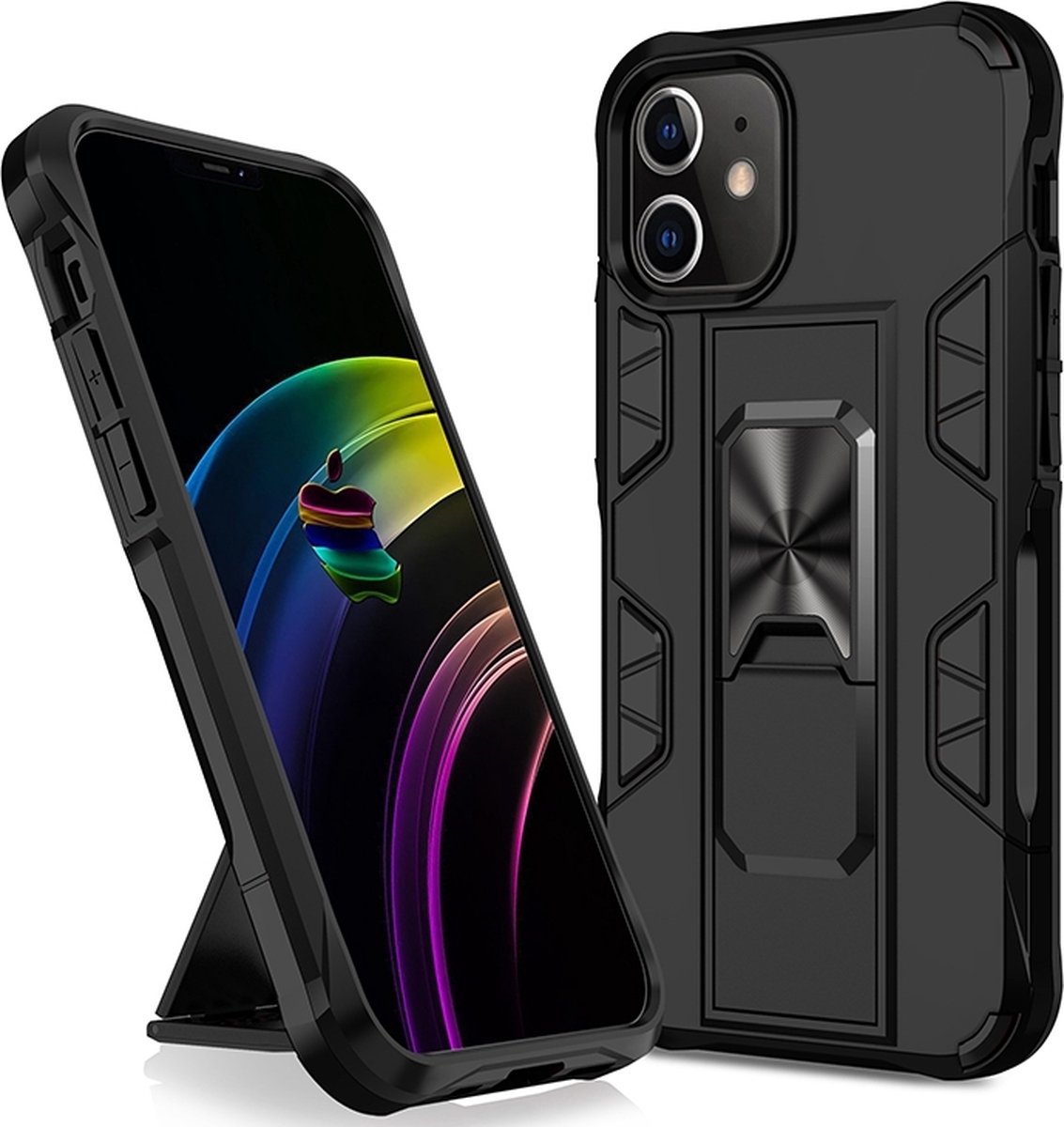 Mobigear Hoesje geschikt voor Apple iPhone 12 Pro Max Telefoonhoesje Hardcase | Mobigear Armor Stand Backcover Shockproof met Standaard | Schokbestendig iPhone 12 Pro Max Telefoonhoesje | Anti Shock Proof - Zwart