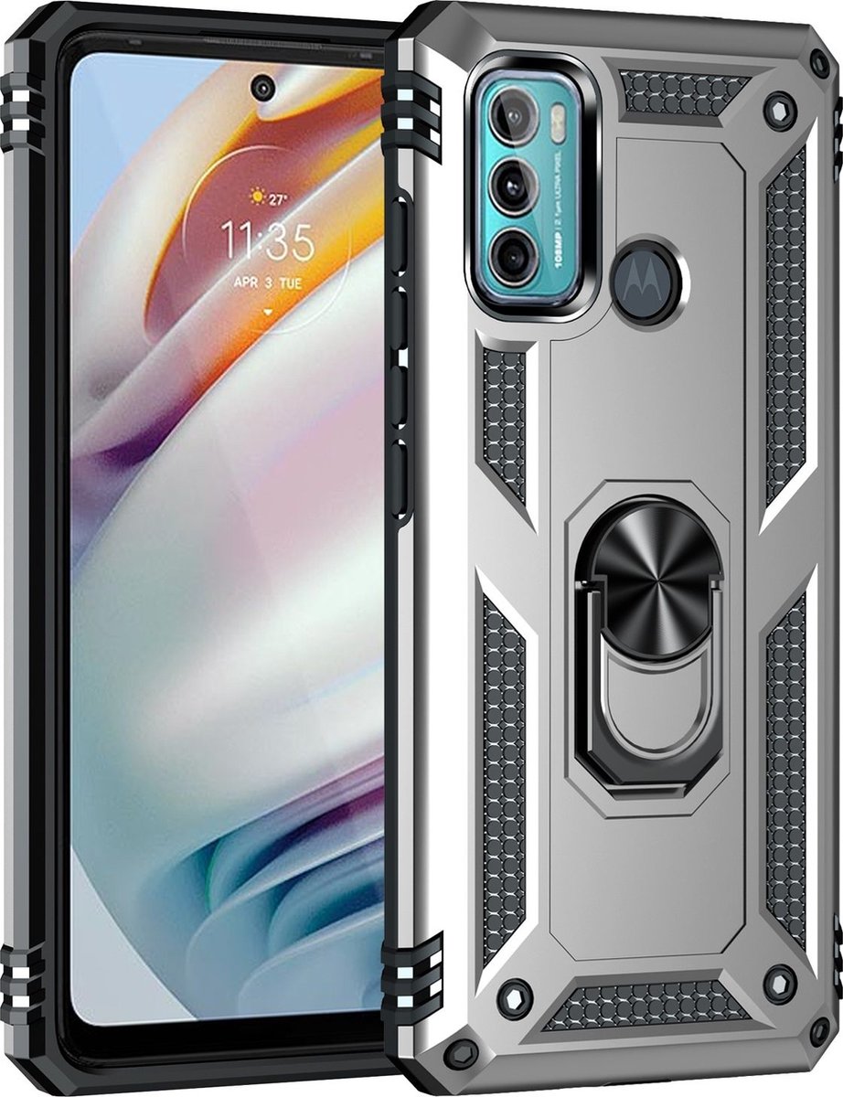Mobigear Hoesje geschikt voor Motorola Moto G60 Telefoonhoesje Hardcase | Mobigear Armor Ring Backcover Shockproof met Ringhouder | Schokbestendig Moto G60 Telefoonhoesje | Anti Shock Proof - Zilver