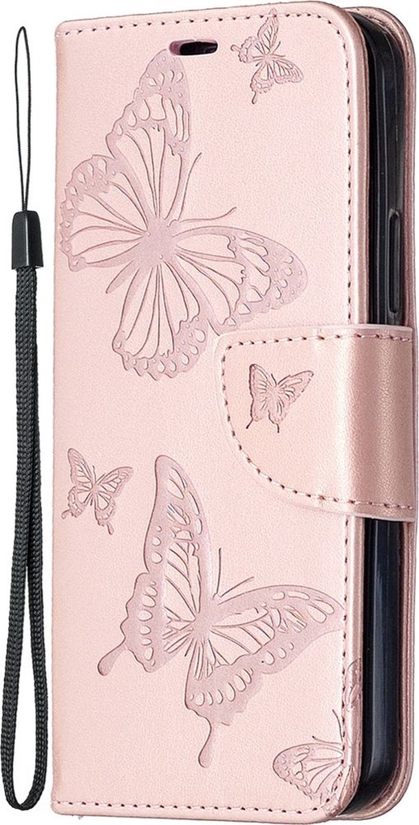 Mobigear Telefoonhoesje geschikt voor Apple iPhone 12 Hoesje | Mobigear Butterfly Bookcase Portemonnee | Pasjeshouder voor 2 Pasjes | Telefoonhoesje voor Pinpas / OV Kaart / Rijbewijs - Roségoud