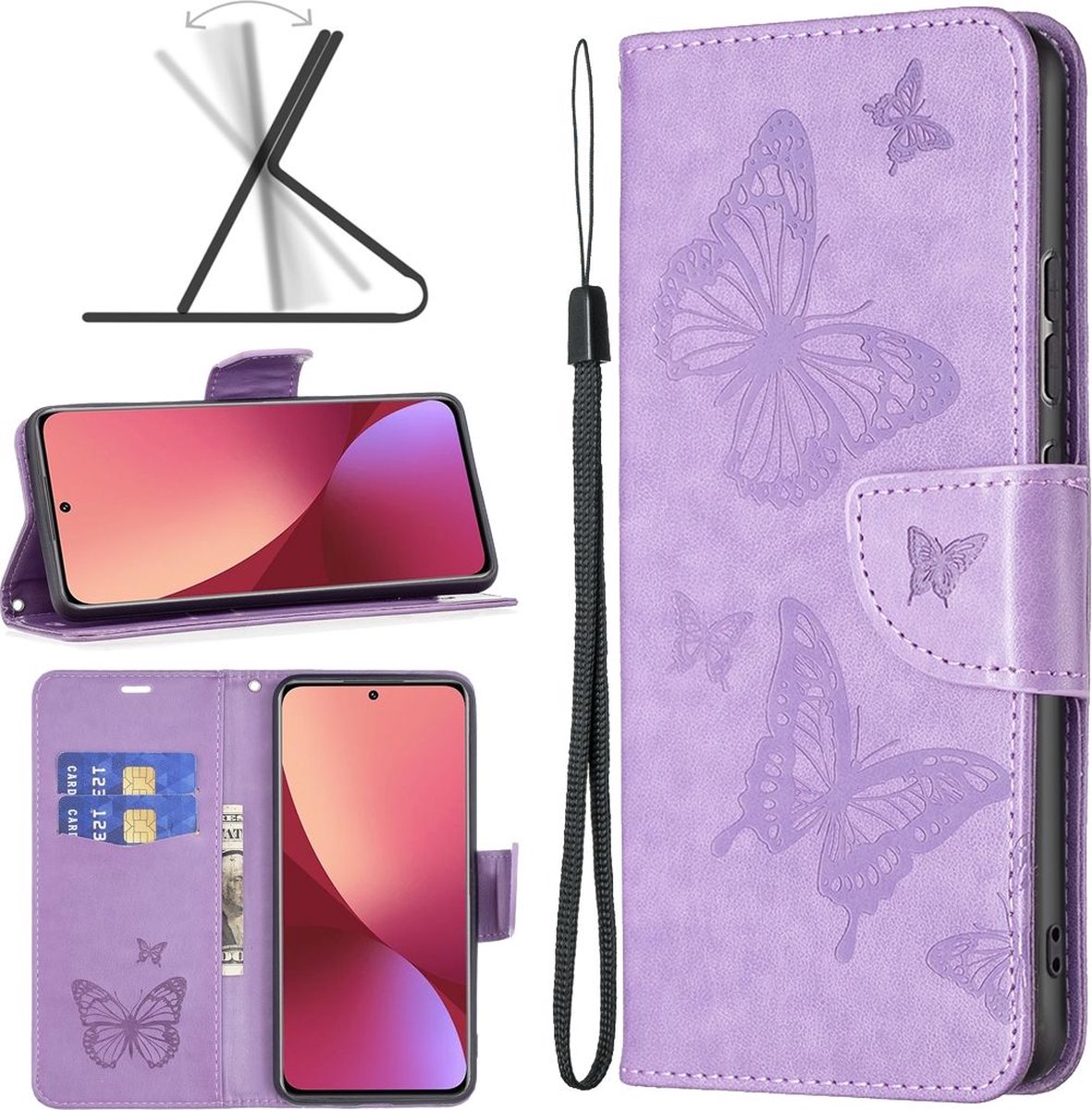 Mobigear Telefoonhoesje geschikt voor Xiaomi 12 Hoesje | Mobigear Butterfly Bookcase Portemonnee | Pasjeshouder voor 3 Pasjes | Telefoonhoesje voor Pinpas / OV Kaart / Rijbewijs - Paars