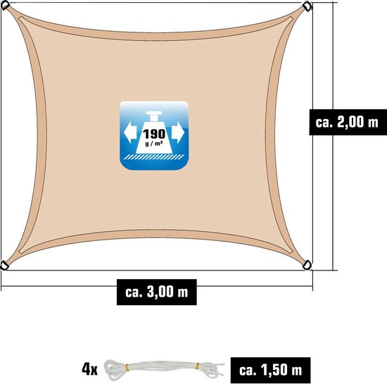 Beige rechthoekig schaduwdoek van 3.00 x 2.00 meter, met 4x touw van 1.50 meter. Toont gewicht van 190 g/m².