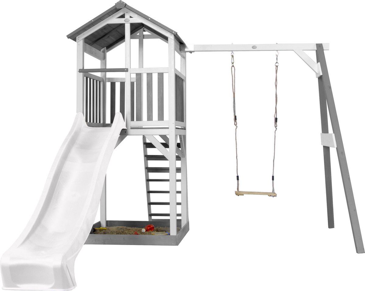 AXI Beach Tower Speeltoestel in Grijs/Wit - Speeltoren met Zandbak, Schommel en Witte Glijbaan - FSC hout - Speelhuis op palen voor de tuin — afbeelding 16