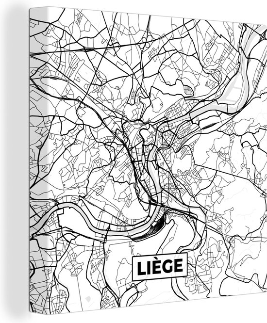 Canvas Schilderij Zwart Wit – België – Plattegrond – Stadskaart – Kaart – Liège - 90x90 cm - Wanddecoratie