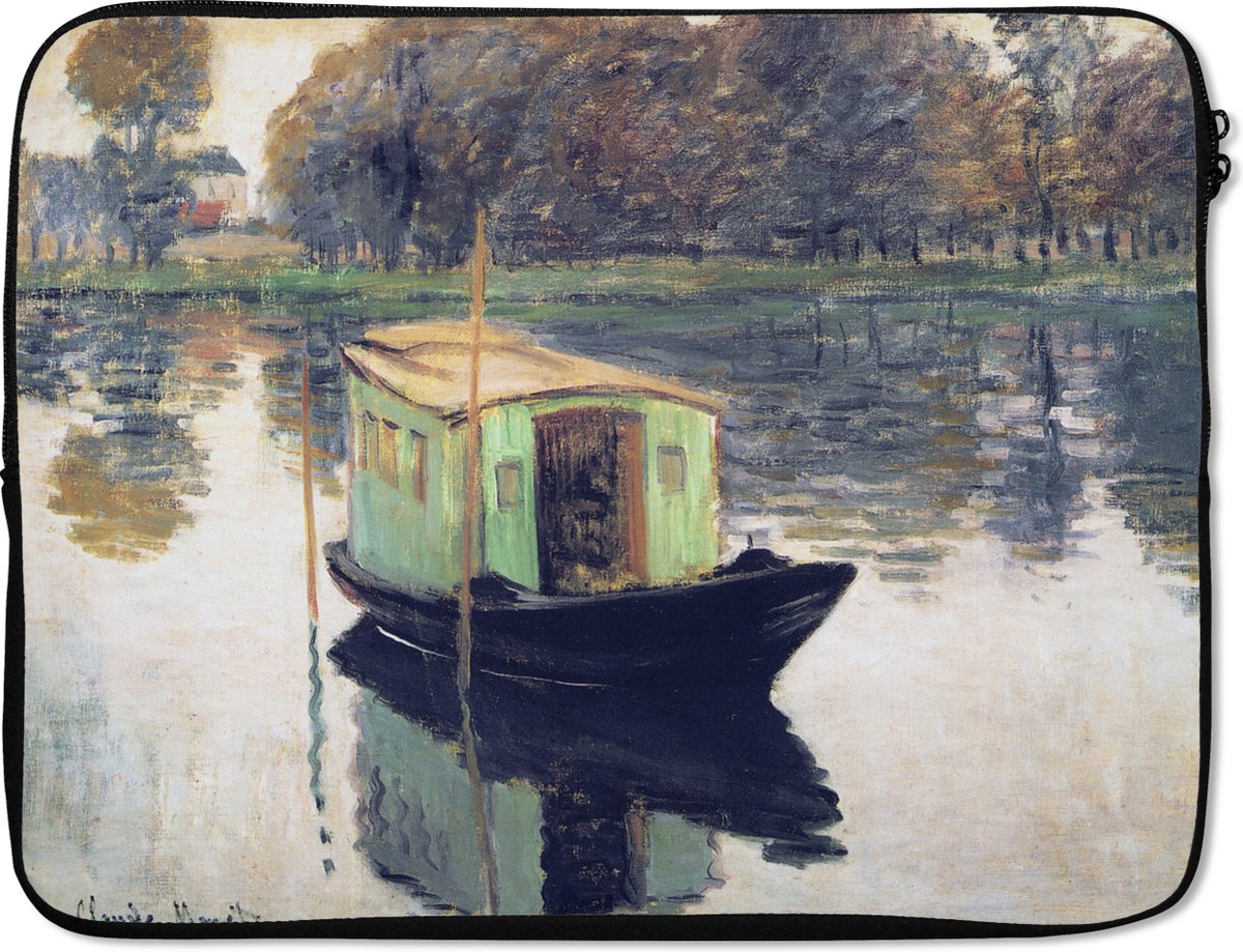 Laptophoes 15.6 inch - De atelierboot - Schilderij van Claude Monet - Laptop sleeve - Binnenmaat 37x26 cm - Zwarte achterkant