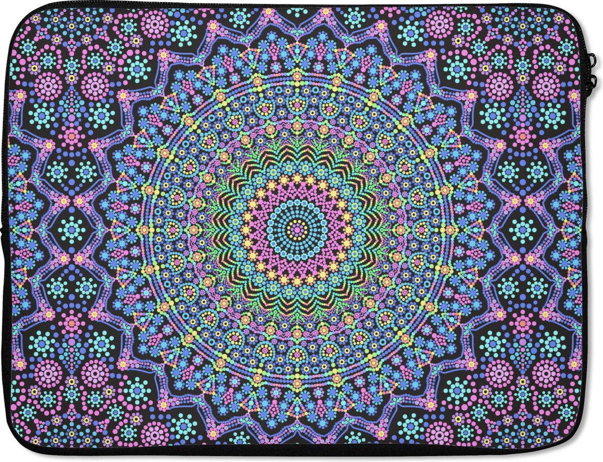 Laptophoes 17 inch - Mandala - Hippie - Regenboog - Neon - Patronen - Laptop sleeve - Binnenmaat 41x28 cm - Zwarte achterkant