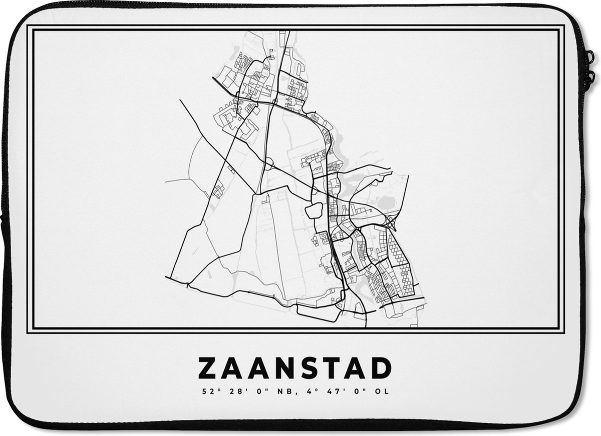 Laptophoes 14 inch - Plattegrond – Zaanstad – Zwart Wit – Stadskaart - Nederland - Kaart - Laptop sleeve - Binnenmaat 33x23 cm - Zwarte achterkant - Stadskaart