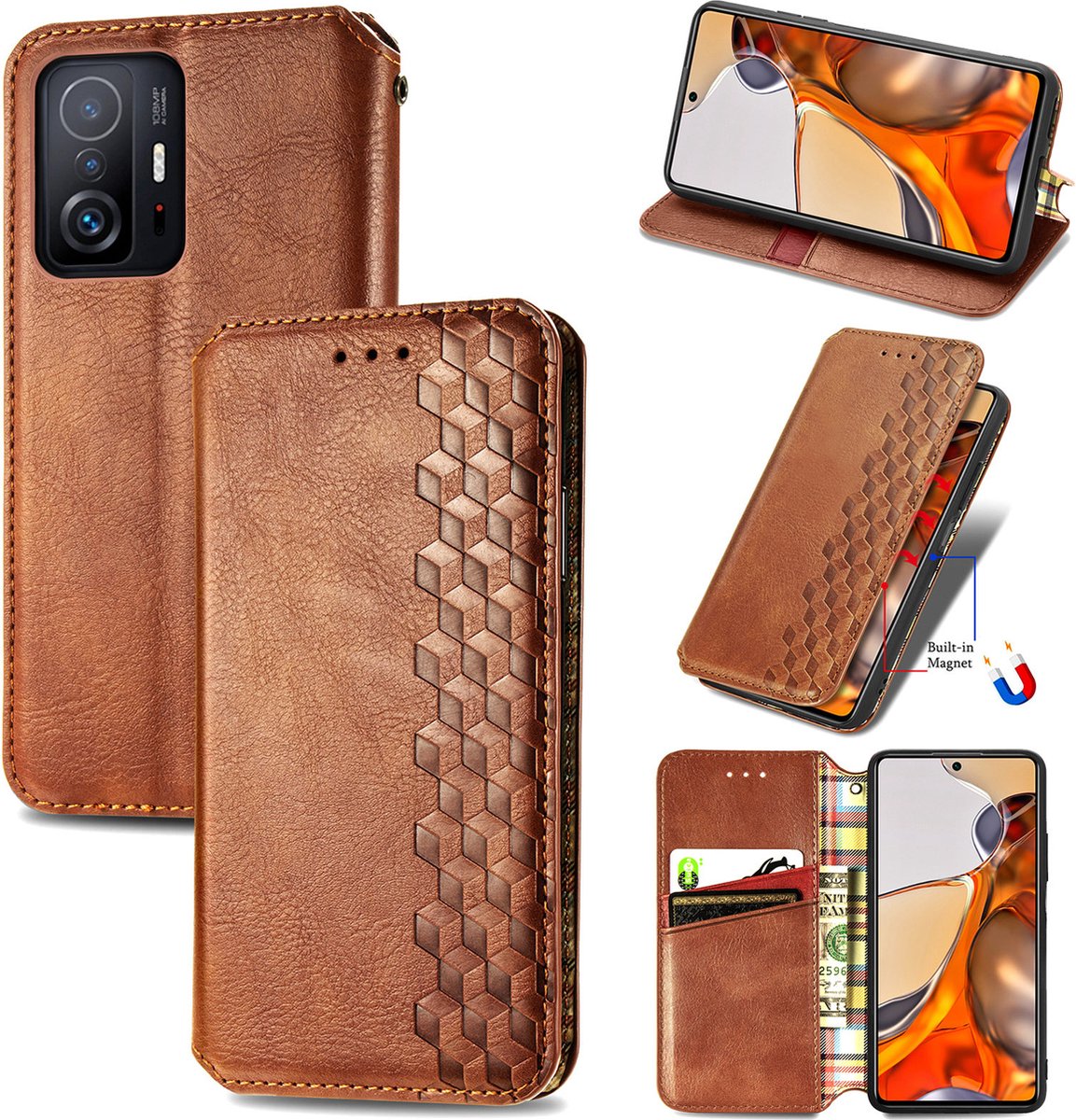 Luxe PU Lederen Ruitpatroon Wallet Case + PMMA Screenprotector voor Xiaomi 11T /11T Pro _ Bruin