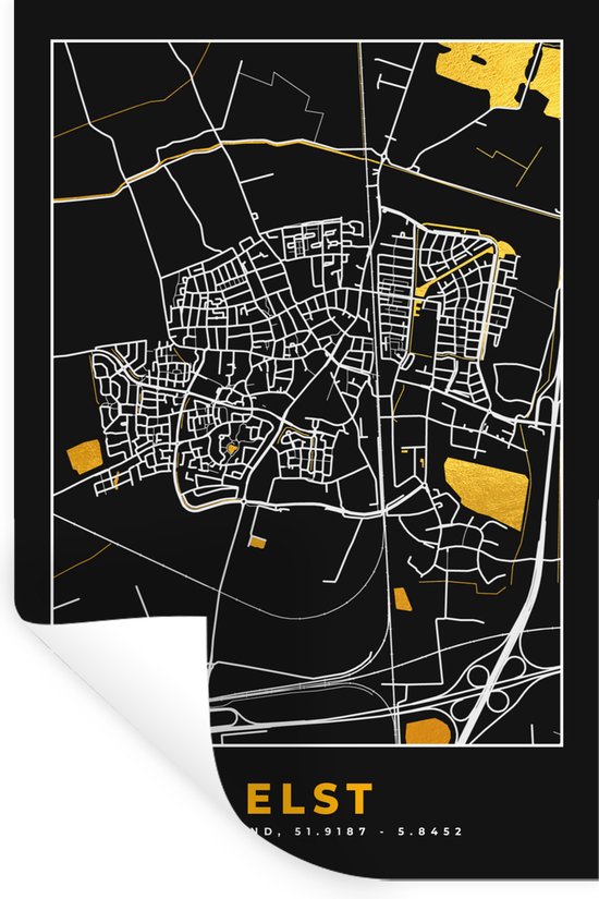 Muurstickers - Sticker Folie - Elst - Goud - Kaart - Plattegrond - Stadskaart - 40x60 cm - Plakfolie - Muurstickers Kinderkamer - Zelfklevend Behang - Zelfklevend behangpapier - Stickerfolie