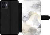 Bookcase Geschikt voor iPhone 12 Mini telefoonhoesje - Marmer print - Gouden - Zwart - Met vakjes - Wallet case met magneetsluiting