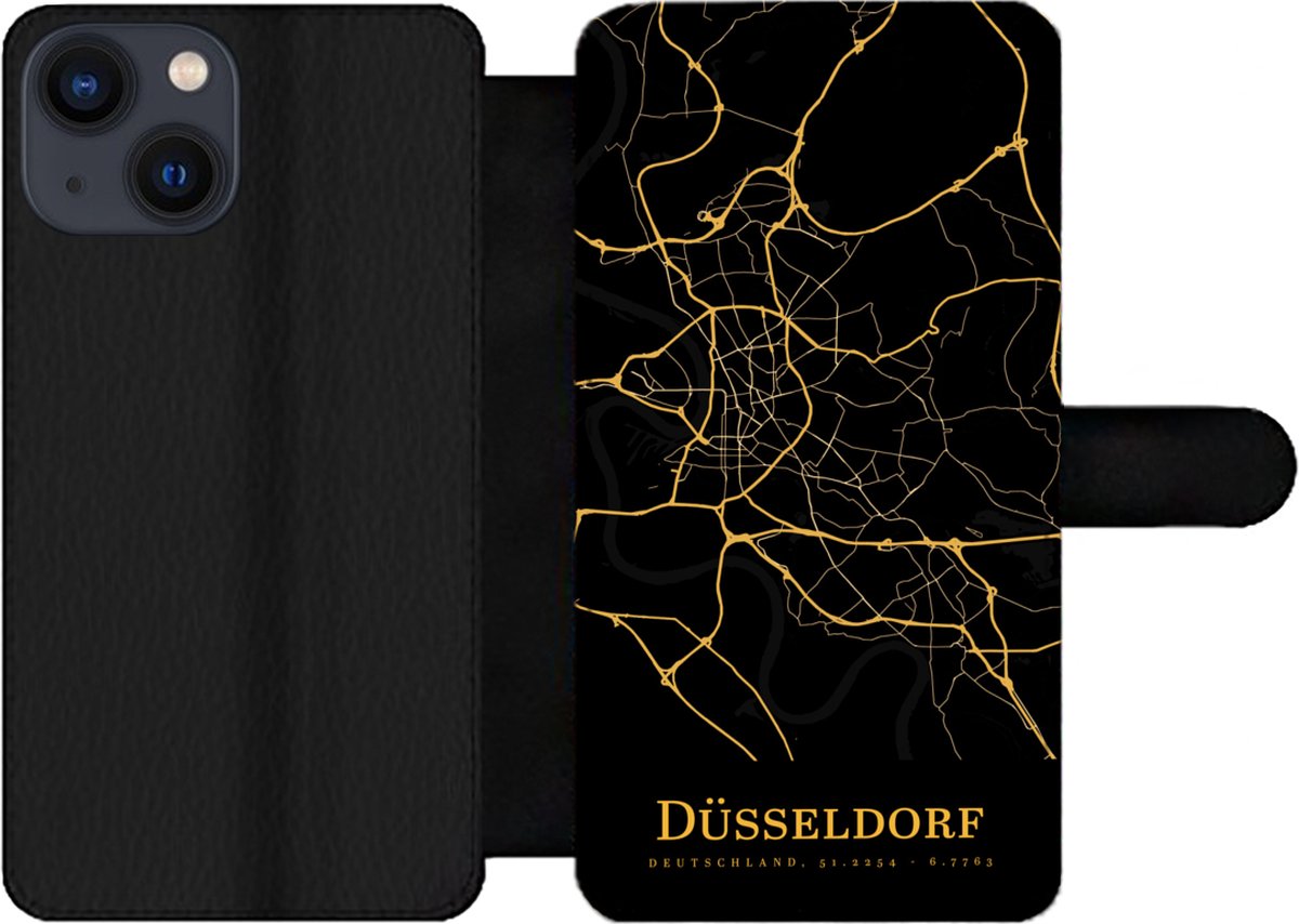 Telefoonhoesje Geschikt voor iPhone 13 Mini telefoonhoesje - Düsseldorf - Kaart - Goud - Met vakjes - Wallet case met magneetsluiting