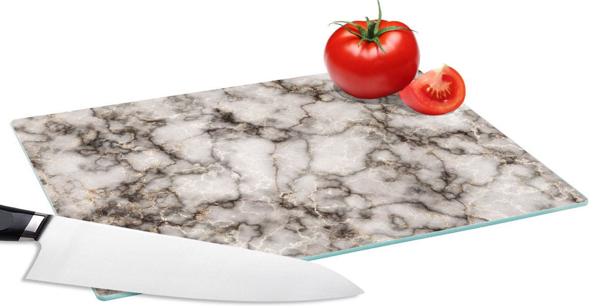 Glazen Snijplank - 28x20 - Marmer - Zwart - Goud - Snijplanken Glas