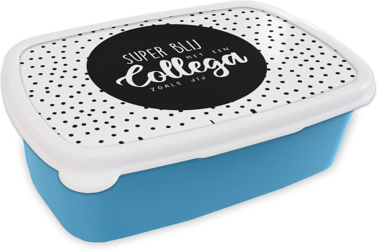 Broodtrommel Blauw - Lunchbox - Brooddoos - Spreuken - 'Super blij met een collega zoals jij' - Collega - Quotes - 18x12x6 cm - Kinderen - Jongen