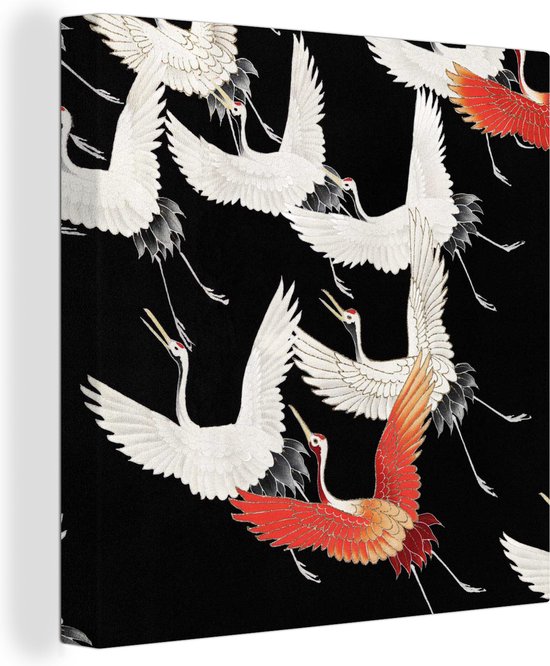 Canvas Schilderij Kraanvogel - Japans - Rood - Wit - Wanddecoratie