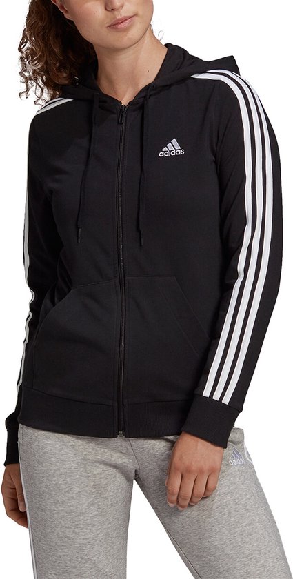 adidas - Essentials Single Jersey 3-Stripes Full-Zip hoodie - Zwarte vest  dames-S | bol