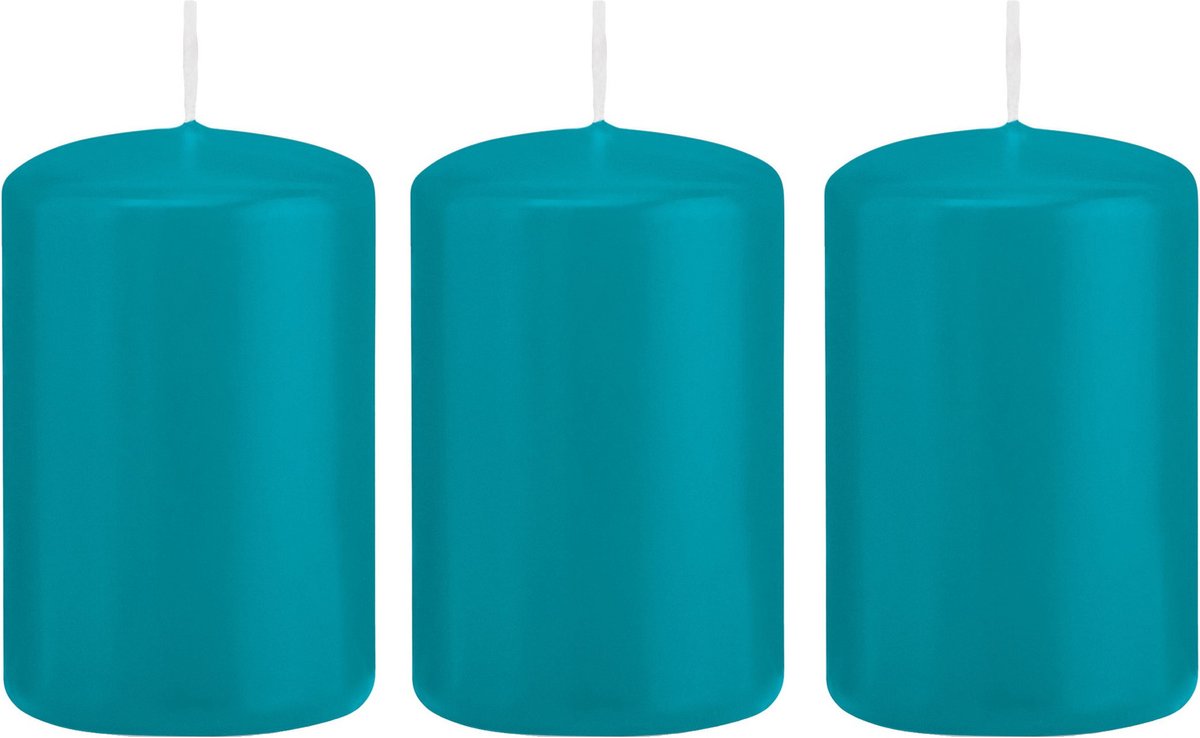 Trend Candles Cilinderkaars/stompkaars - 3x - turquoise - 5 x 8 cm - 18 branduren - met brandvertragende folie