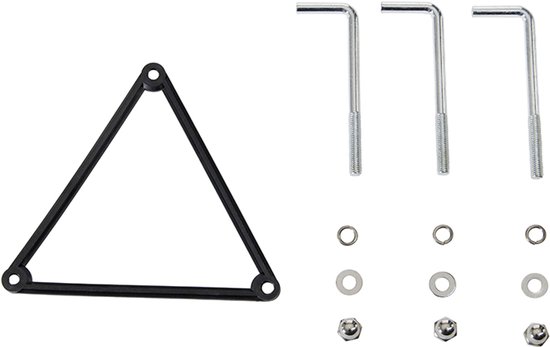 Montageonderdelen voor een lantaarnpaal: drie inbussleutels, een driehoekig frame, ringen en moeren.